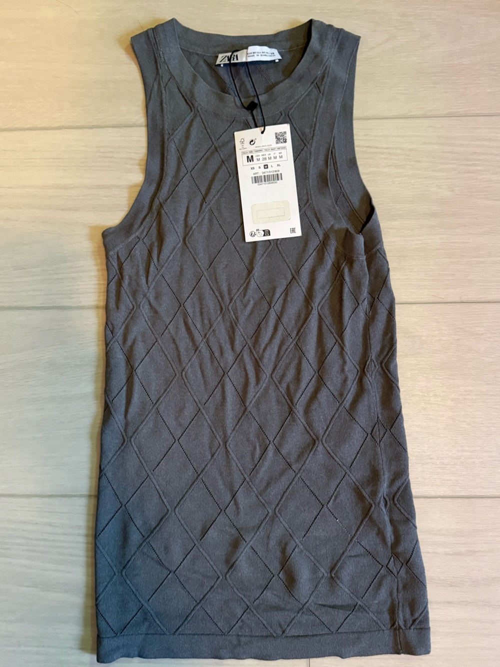 Zara Gray Diamond-Pattern Sleeveless Knit Tank